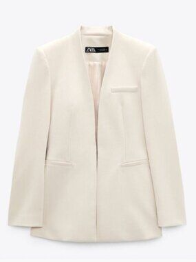 Zara Inverted Lapel Long Blazer in Ecru size M